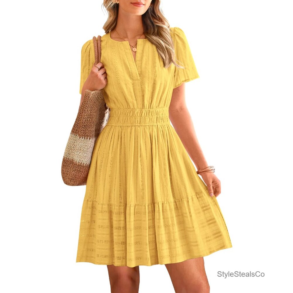 Lightweight Cotton Mini Dress with V-Neck and Pockets for Casual Wear